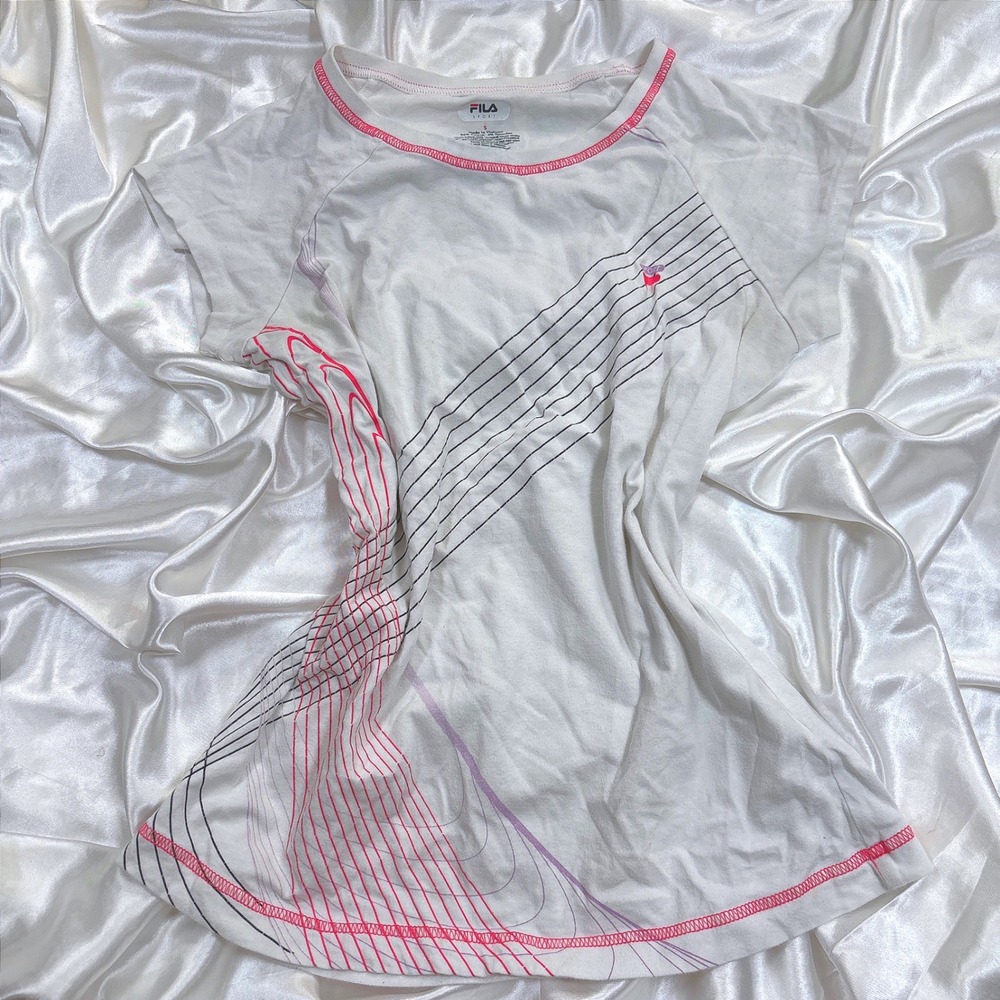 y2k Fila Sport Tee White Excellent Graphic Abstract Pink Black Short Sleeve S